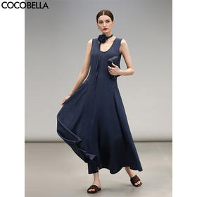 COCOBELLA牛仔色褶皱肌理背心裙赫本风无袖连衣裙长裙FR0061