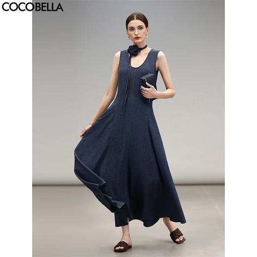 COCOBELLA牛仔色褶皱肌理背心裙赫本风无袖连衣裙长裙FR0061 商品图0