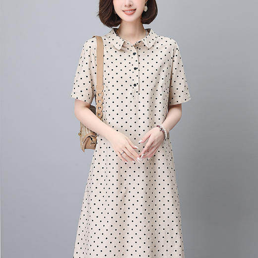 丁摩 棉麻连衣裙新款女夏季法式衬衫裙亚麻波点长裙子5ZF-2629 商品图5