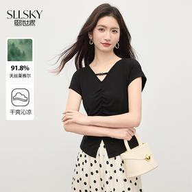 熙世界莱赛尔黑色短袖t恤女夏季收腰抽褶修身别致开叉短款V领上衣