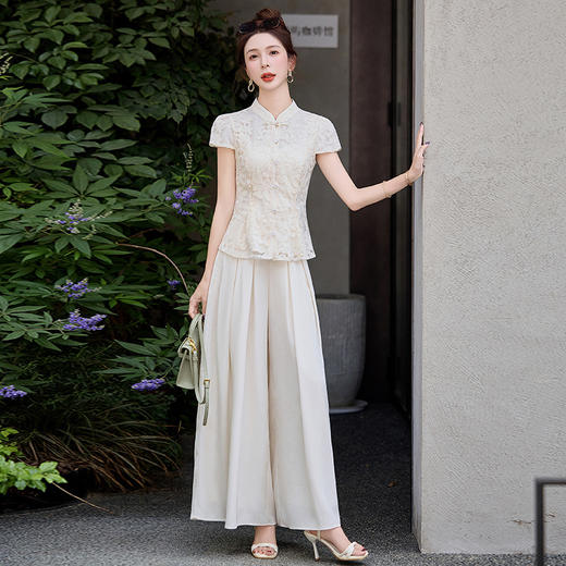 新中式国风套装小香风气质收腰刺绣上衣阔腿裤两件套HANYUSHE2588 商品图2