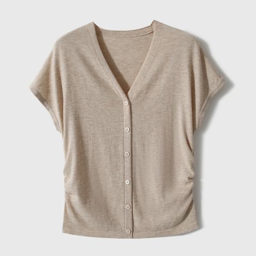 百媚生 16针丝光洋毛打褶收腰V领小飞袖针织上衣 商品图8