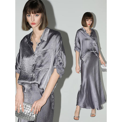 COCOBELLA[100%醋酸]奢感丝光肌理紫色夏凉感短袖衬衫SR0039 商品图0