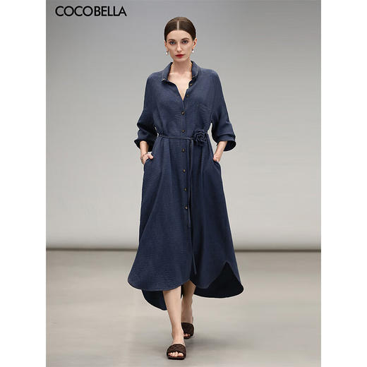 COCOBELLA牛仔色褶皱肌理长袖连衣裙复古高智感衬衫裙FR0062 商品图0