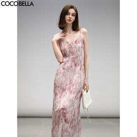 COCOBELLA假风金葱提花压褶连衣裙25春夏气质吊带裙FR3077