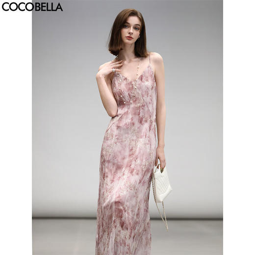 COCOBELLA假风金葱提花压褶连衣裙25春夏气质吊带裙FR3077 商品图0
