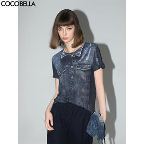 COCOBELLA设计师款手绘牛仔印花短袖针织T恤女休闲上衣TS919