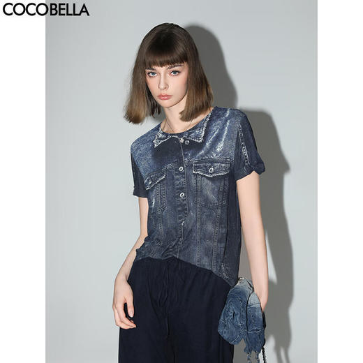 COCOBELLA设计师款手绘牛仔印花短袖针织T恤女休闲上衣TS919 商品图0