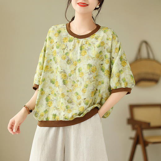 百媚生 文艺复古圆领棉麻短袖T恤衫女宽松显瘦数码扎染上衣B117-9331 商品图2