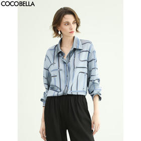 COCOBELLA时尚定位印花缎面衬衫女夏知性蓝通勤上衣SR3098-2