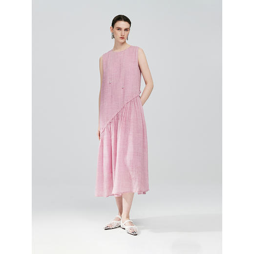 棉仓363616036-初棉海石竹粉-海滨度假风苎麻天丝不对称连衣裙 商品图1