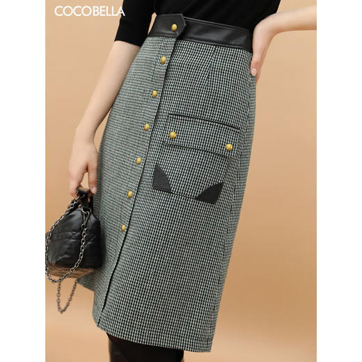 COCOBELLA质感PU拼接及膝千鸟格半身裙女秋冬气质A字裙HS551 商品图0