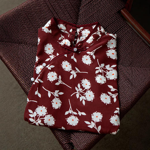 丁摩 重磅真丝上衣女红底印花100桑蚕丝斜门襟连肩短袖T恤小衫夏新款5ZF-049 商品图1