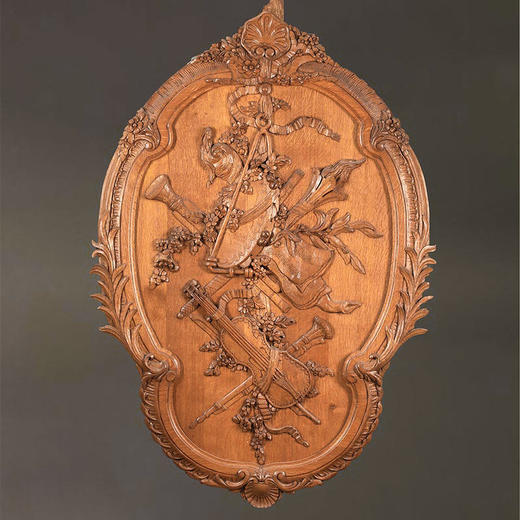 【已售】独角鹿西洋古董法国出品路易十五风格胜利乐章主题硬木精雕壁挂摆件 商品图0