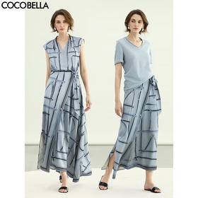 COCOBELLA知性蓝重磅缎面半身裙女早秋设计感印花长裙HS3112-2