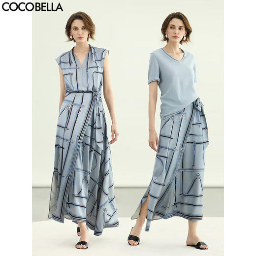 COCOBELLA知性蓝重磅缎面半身裙女早秋设计感印花长裙HS3112-2 商品图0