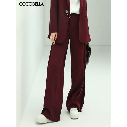 【秒杀特惠】COCOBELLA重工捏褶气质通勤酒红西裤女垂感高腰直筒裤PA617 商品图0