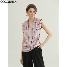 COCOBELLA樱花粉定位印花缎面无袖衬衫女V领捏褶上衣SR3102-3