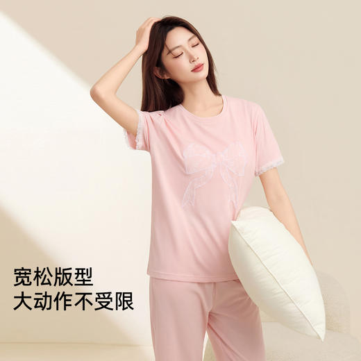 【带杯垫】熳洁儿 短袖七分裤套装女士家居服纯棉透气蝴蝶结25263211 商品图2