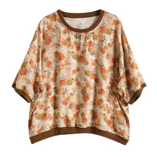 百媚生 文艺复古圆领棉麻短袖T恤衫女宽松显瘦数码扎染上衣B117-9331 商品图4