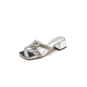 westory女鞋夏季新款方头中跟牛皮面料羊皮内垫凉拖鞋61461