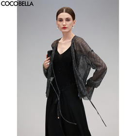 COCOBELLA银葱亮丝镂空微透视遮阳衫女通勤黑色小开衫LC606-2