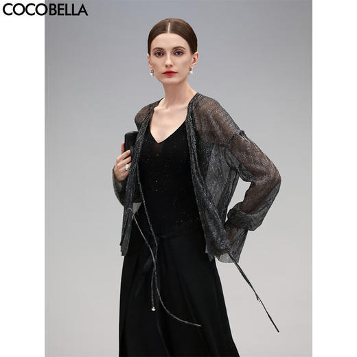 COCOBELLA银葱亮丝镂空微透视遮阳衫女通勤黑色小开衫LC606-2 商品图0