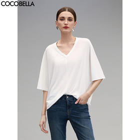 COCOBELLA简约微透视白色V领短袖T恤女夏蝙蝠袖针织衫TS7081