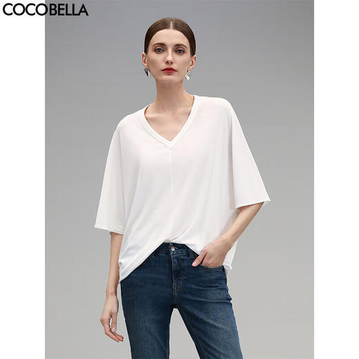COCOBELLA简约微透视白色V领短袖T恤女夏蝙蝠袖针织衫TS7081 商品图0