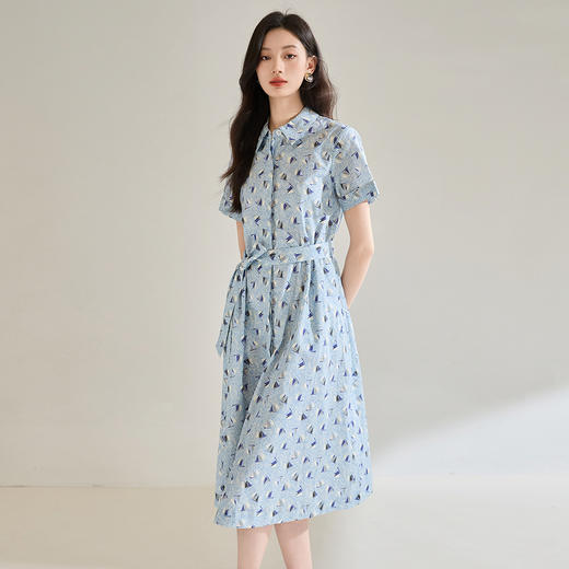 百媚生 夏季抗皱全棉印花蓝色帆船圆领长款连衣裙18830 商品图0
