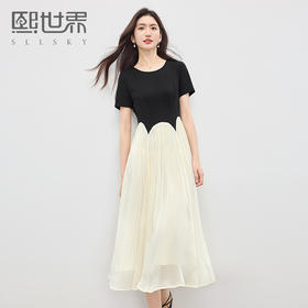 【专属特价】熙世界淡人穿搭黑色短袖拼接雪纺裙子假两件连衣裙女2025夏天新款