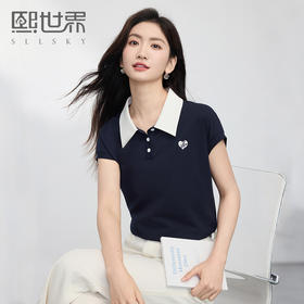 熙世界飞飞袖撞色翻领T恤女短袖2025夏日新款设计感爱心刺绣上衣