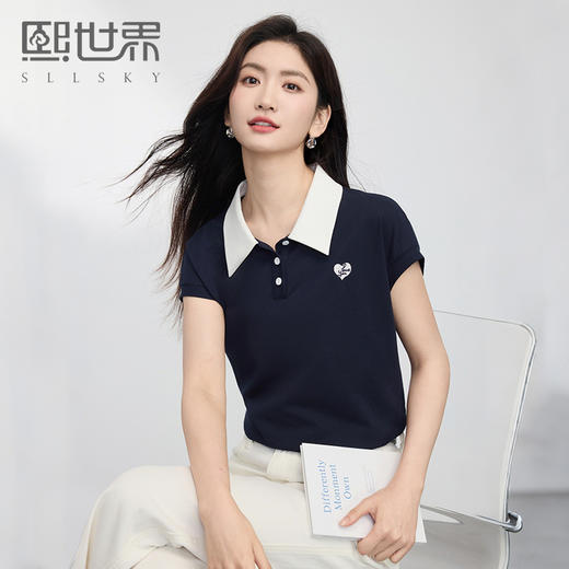 熙世界飞飞袖撞色翻领T恤女短袖2025夏日新款设计感爱心刺绣上衣 商品图0