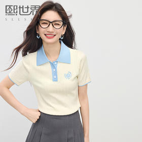 【专属特价】熙世界法式撞色Polo领针织衫女短袖通勤休闲正肩T恤上衣2025夏季