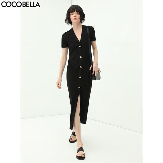 COCOBELLA大V领坑条短袖针织连衣裙女气质两穿OP长裙开衫NFR9 商品图0