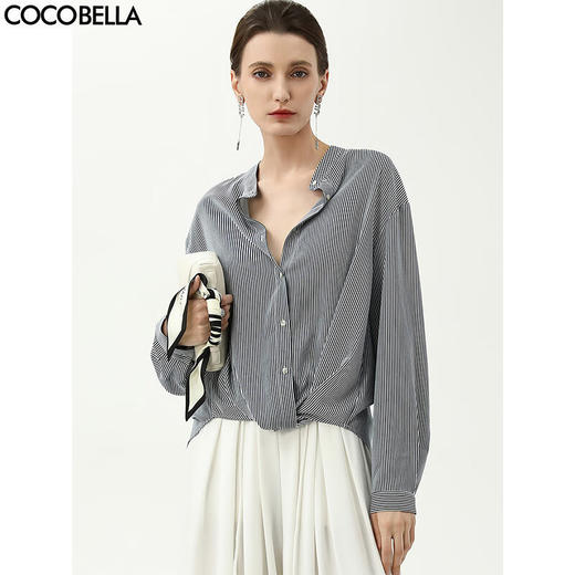 COCOBELLA设计感条纹拧花衬衫春夏通勤休闲小立领上衣SR3196 商品图0