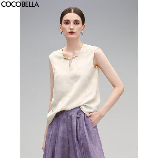 COCOBELLA前后两穿暗纹提花无袖衬衫仿香云纱人丝上衣VT0032 商品图0