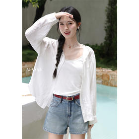 鹿向南「栀子雪」米白色防晒长袖衬衫夏季新款气质宽松连帽衬衣女L56323