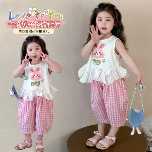 【时尚靓色，随心搭配】女童两件套 兔子夏季2025格子裤 拼纱背心无袖t恤套装 儿童套装a类-QQ 商品图2