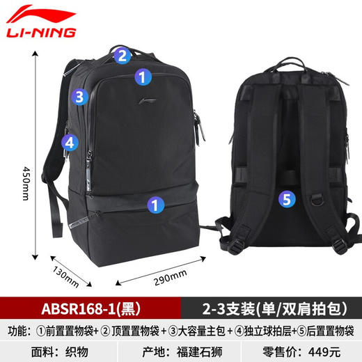 李宁LINING ABSR168羽毛球包双肩运动背包球拍包 商品图3