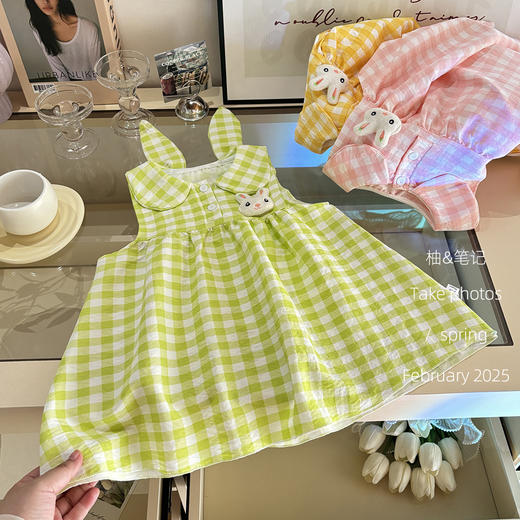【娃娃领设计，趣味兔耳朵~】女童娃娃领兔耳朵连衣裙 2025夏季可爱格子背心裙 小兔公主裙子-QQ 商品图6