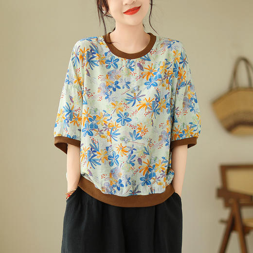 百媚生 文艺复古圆领棉麻短袖T恤衫女宽松显瘦数码扎染上衣B117-9331 商品图3