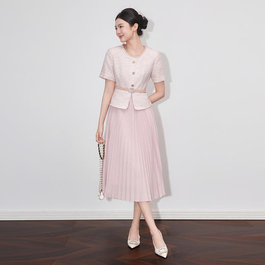 「高货wl」全新升级【铂金会员367/天猫489/差价122】(99416)洛诗琳时髦亮丝小香风连衣裙2025夏季法式假两件百褶裙 商品图0