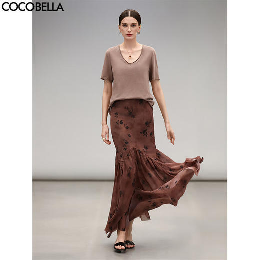 COCOBELLA[剪影花卉]新中式晕染印花雪纺半身裙国风鱼尾裙HS7055 商品图0