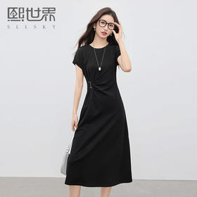 【专属特价】熙世界赫本风黑色t恤连衣裙女夏季2025新款小众设计收腰显瘦长裙