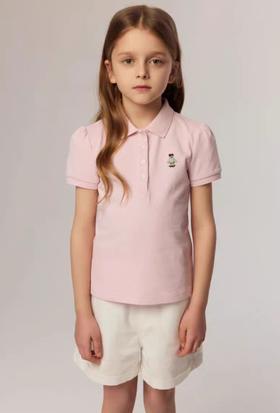 学院风！2025夏季新款中大童短袖女童网眼翻领polo衫纯棉卡通刺绣小熊童T恤