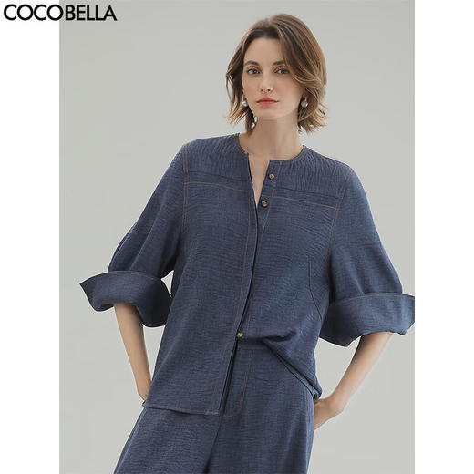 COCOBELLA褶皱肌理感无领七分袖衬衫撞色牛仔线上衣SR0069-2 商品图0