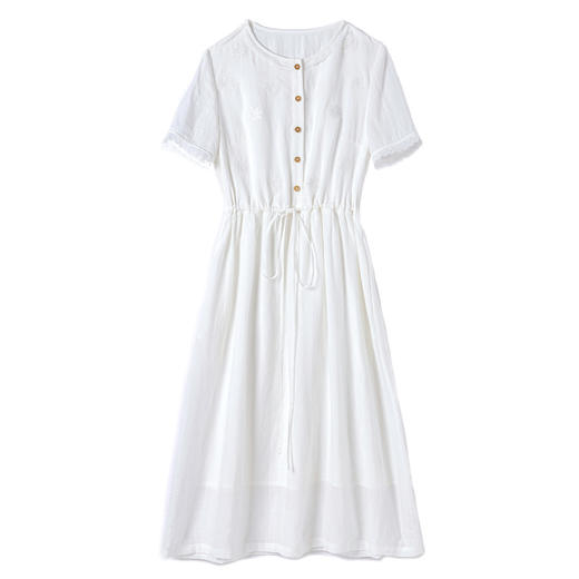 丁摩 白色苎麻法式减龄连衣裙文艺木耳花边短袖飘逸大摆裙 商品图4