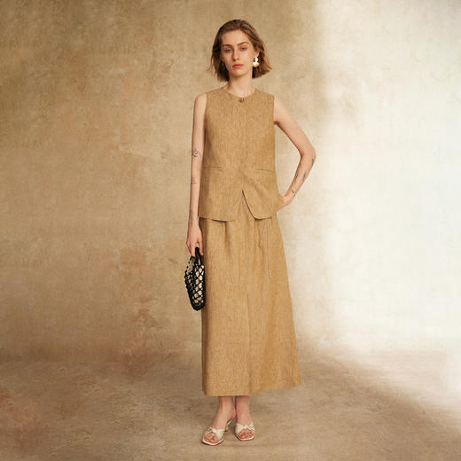 C+IMPRESS/西嘉知识分子风混色亚麻马夹/直筒开衩半裙两件套装女MJ2502129 商品图2