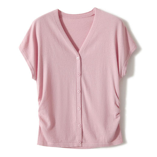 百媚生 16针丝光洋毛打褶收腰V领小飞袖针织上衣 商品图4